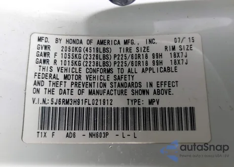 2015 Honda Cr-V Touring from USA, damaged, VIN 5J6RM3H91FL021912